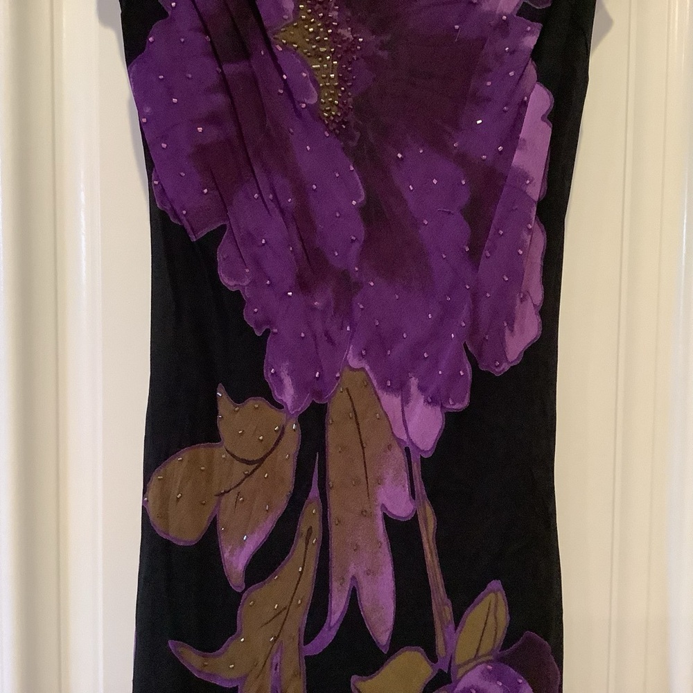 Vtg Black Purple Floral Midi Dress Size 14 Handkerchief Hem Fairy Whimsygoth - Picture 3 of 16